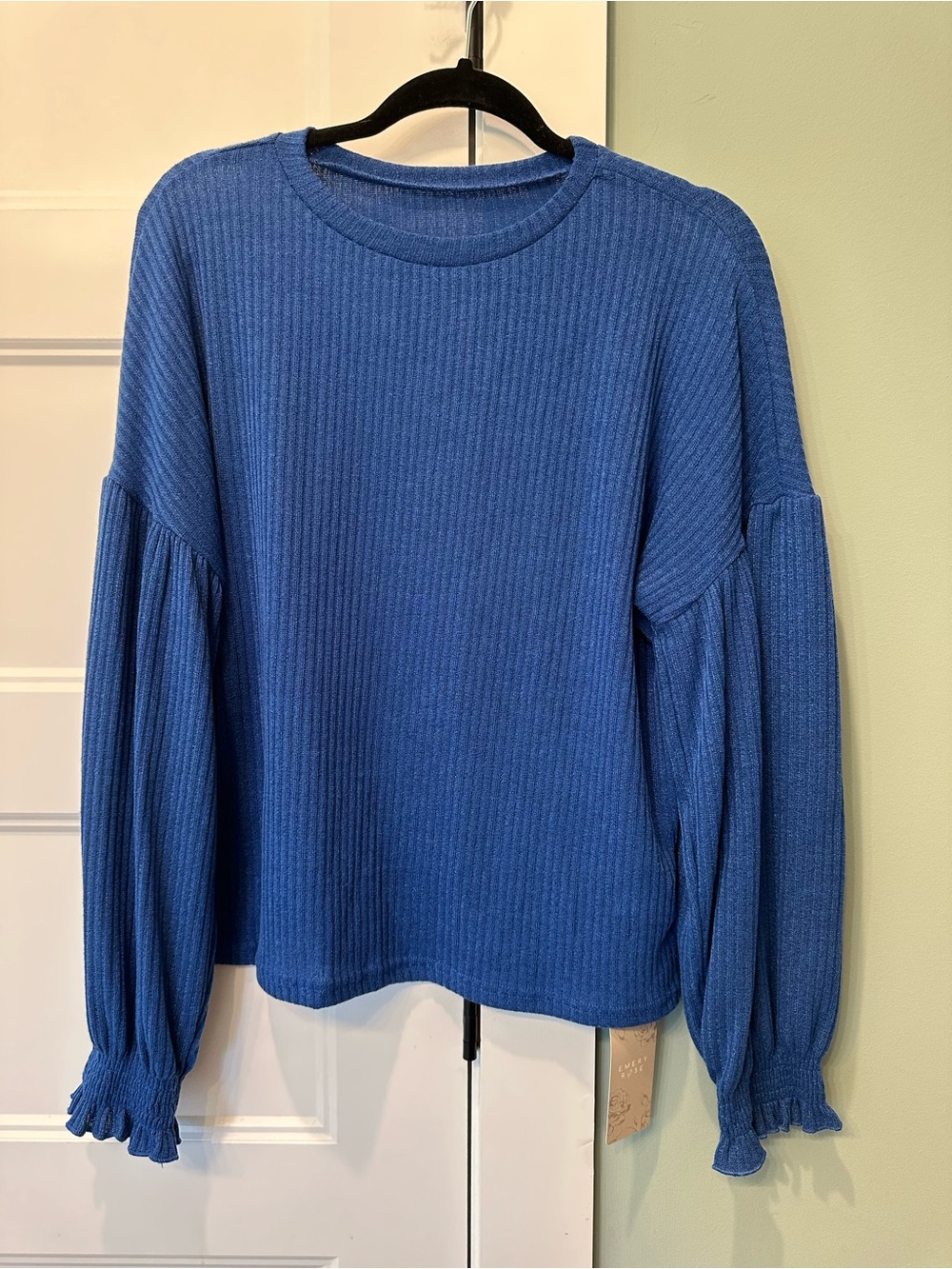 Women's Blue Ribbed Balloon-Sleeve Sweater